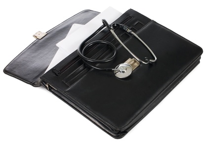 Black portfolio and phonendoscope on white backgroundの写真素材