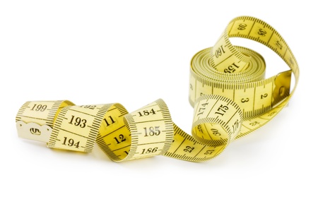 Yellow measuring tape isolated on white backgroundの写真素材