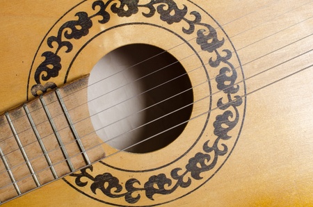 Close-up old acoustic guitar as backgroundの写真素材