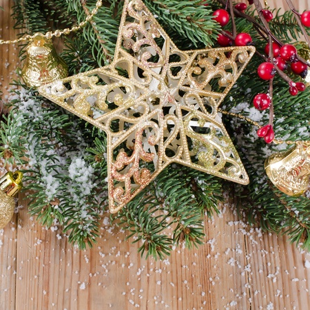 The christmas decorative border on wooden backgroundの写真素材