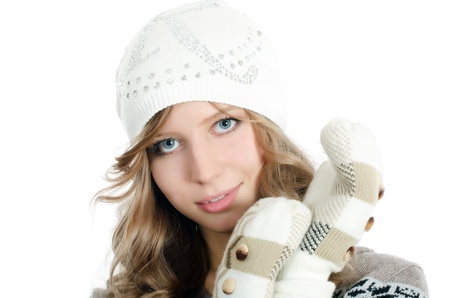 Beautiful girl in mittens isolated on  whiteの写真素材