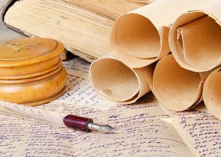 Many ancient scrolls on old letters -retroの写真素材