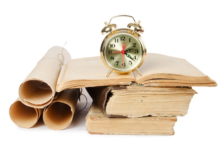 Many ancient scrolls and old books isolatedの写真素材