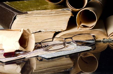 Many ancient scrolls on old letters -retroの写真素材