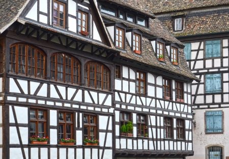 Narrow colorful street in a village by Strasbourg, Alsace, Franceの写真素材