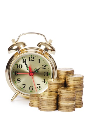 Alarm clock and money isolated on whiteの写真素材