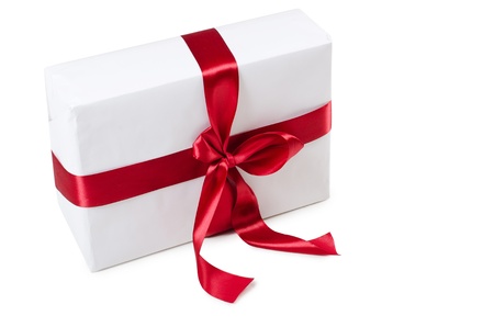 Box with  red tape isolated on whiteの写真素材