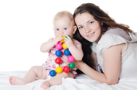 The happy mother with baby over whiteの写真素材