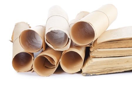 Many ancient scrolls and old books isolatedの写真素材