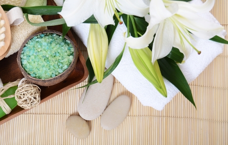 Set for spa-procedures on a bamboo rugの写真素材