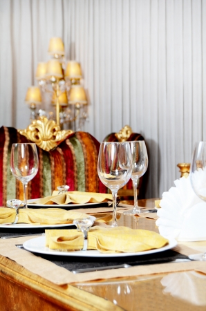 Interior of smart expensive restaurant with servingの写真素材