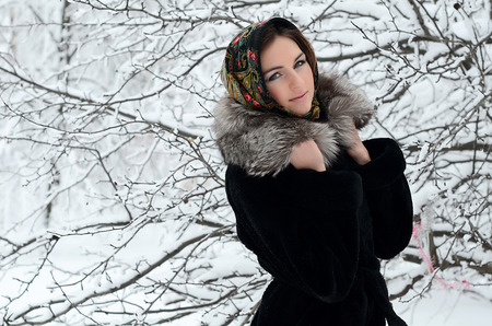 The beautiful woman brunette in the winterの写真素材