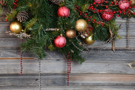 vintage christmas decoration over old wooden backgroundの写真素材