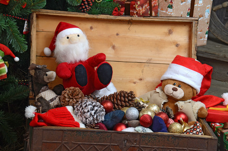 vintage christmas decoration over old wooden backgroundの写真素材