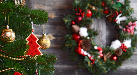 vintage christmas decoration over old wooden backgroundの写真素材