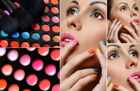Beauty Girl Face with Colorful Nail polish. Make up concept collageの写真素材