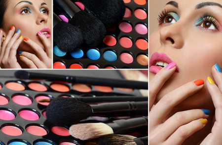 Beauty Girl Face with Colorful Nail polish. Make up concept collageの写真素材