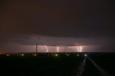 Thunderstorm at night in a summer field.