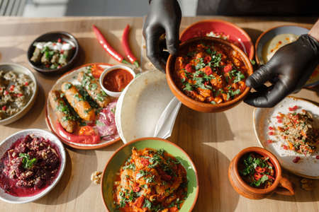 Close-up of different dishes on the plates.の写真素材