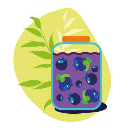 A jar of purple blueberry jam with traced berries and a yellow background. Flat styleの写真素材