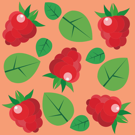 Pattern of raspberries on an orange-pink background with green leaves. Flat style, vector.