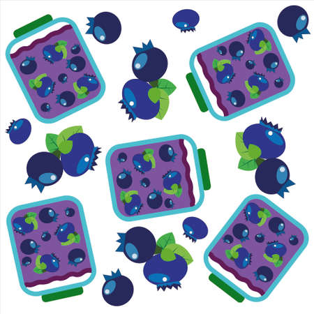 Pattern with cans of blueberry jam and blueberries on a white background. Flat style, vector.のイラスト素材