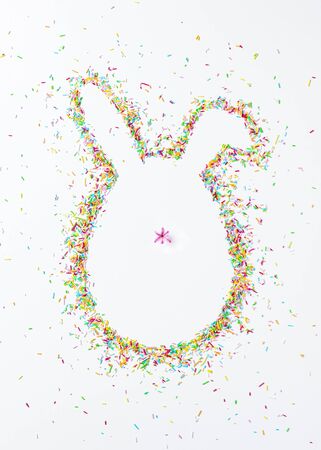 Easter bunny. Composition made of pastry decor. Hare shape frame. Copy space.の写真素材