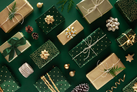 Christmas pattern. Gifts in wrapping paper on green background. Christmas, winter, new year concept....