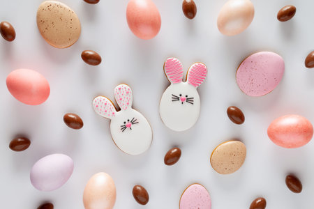 Easter background. Pattern made of eggs, cookies and candies on a white background. flat lay.