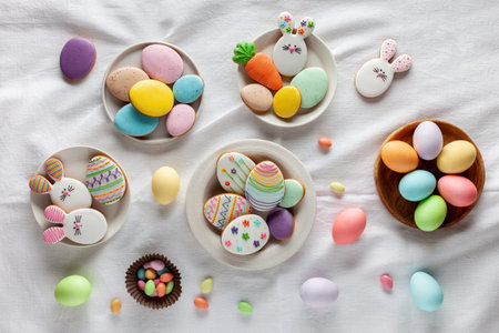 Happy Easter. Easter eggs, sweets and cookies on the table. flat lay. table top view.