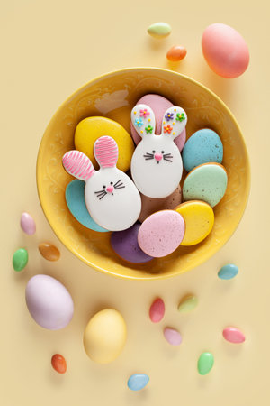 Happy Easter. Colorful Easter eggs, sweets and cookies on the yellow background.