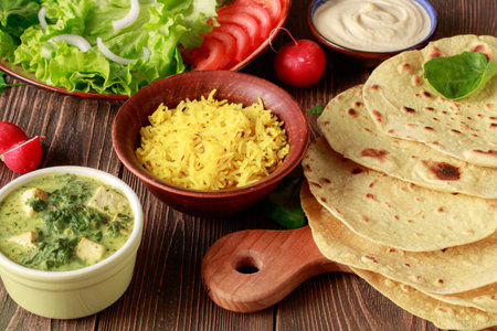 Indian vegetarian chapati cakes with vegetables, rice and hummus on a wooden table