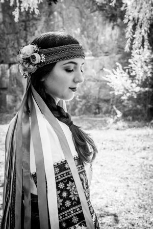 Beautiful Ukrainian girl in national Ukrainian clothes.の写真素材