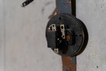 Disassembled antique light switch on a concrete wall. Copy space
