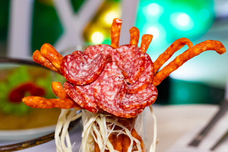 A colorful arrangement showcases sliced sausage creatively arranged on top of curled snacks. The...