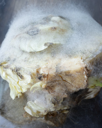 A neglected piece of food sits in a kitchen cabinet, covered in white mold.の写真素材
