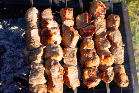 Juicy pieces of meat are skewered and grilled over an open flame, creating a delicious aroma. This outdoor cooking activity takes place on a bright sunny day, perfect for dining al fresco.の写真素材