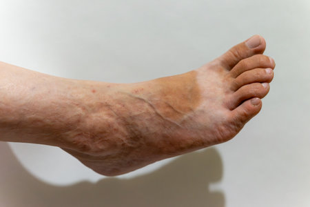 A close-up view of a foot showing prominent veins and an uneven skin tone. The foot rests against a solid background, illuminated by soft, natural light, highlighting its details.の写真素材