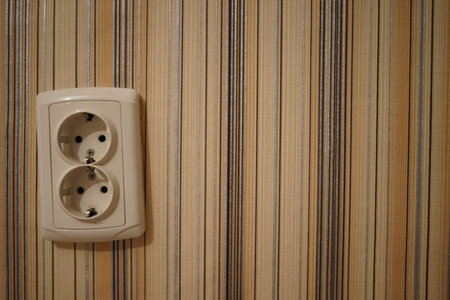 A wall outlet is visible against a backdrop of striped wallpaper. The outlet has two sockets and...