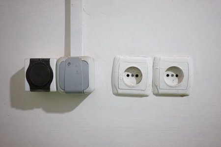 Two electrical outlets and a switch are mounted on a simple white wall. The design features a three-pin socket alongside circular two-pin sockets, showing utility in a residential space.の写真素材