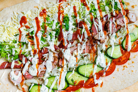 A colorful wrap is filled with grilled chicken, lettuce, tomatoes, cucumbers, cheese, and drizzled...