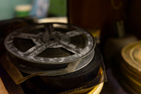 Stacks of dusty film reels rest in a dimly lit storage area, showing the passage of time. The reels vary in size and condition, hinting at a rich cinematic history within.の写真素材