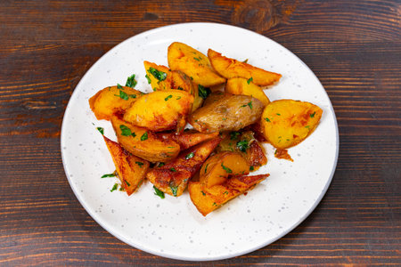 Golden roasted potatoes with a crispy exterior and soft interior sit on a white plate. Fresh herbs...