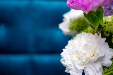A close-up of a floral arrangement featuring white peonies and purple flowers set against a plush blue backdrop, creating a striking visual contrast.の写真素材