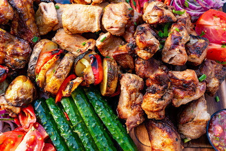 A vibrant assortment of grilled meats and colorful vegetables arranged on a wooden platter. Fresh ingredients include peppers, cucumbers, and tomatoes, showcasing a celebratory summer meal.の写真素材