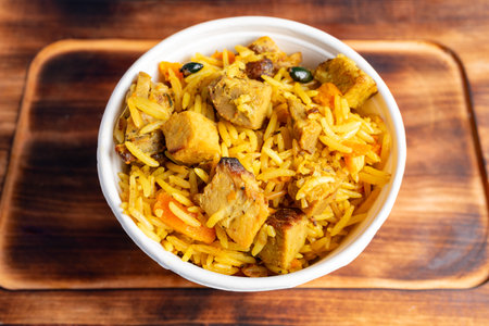 A savory bowl of rice features perfectly cooked chicken chunks accompanied by colorful vegetables. The dish is presented on a rustic wooden surface, showing its inviting qualities.の写真素材