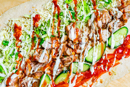 A wrap is being assembled with layers of grilled chicken, crisp lettuce, shredded cheese, cucumber...