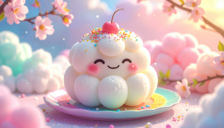 A delightful dessert swirls with fluffy meringue, showcasing a cheerful face adorned with a cherry and colorful sprinkles. It's set against vibrant pink clouds and blossoms.の写真素材