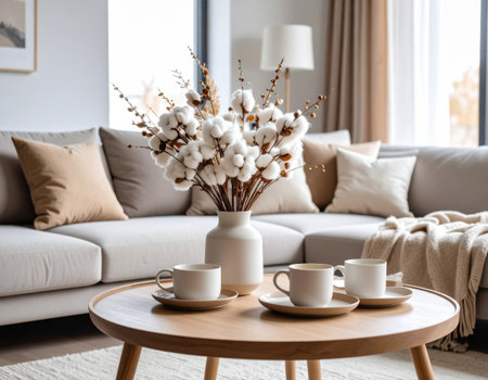 This cozy living room features a soft-colored sofa adorned with pillows, a stylish coffee table with three cups, and a beautiful cotton flower arrangement in a vase, creating a welcoming atmosphere.の素材