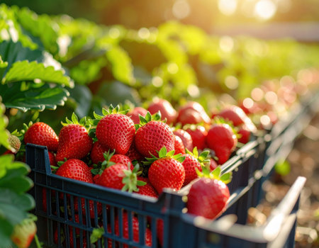 Ripe strawberries are carefully arranged in crates, basking in the warm sunlight of golden hour. Lush green foliage frames the colorful fruit, highlighting a bountiful harvest.の素材